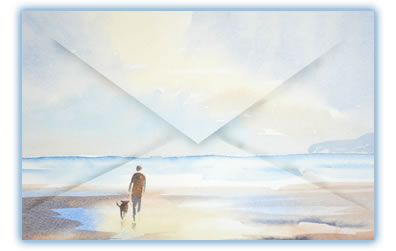 watercolour on an envelope with person and dog on the beach